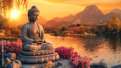 budha statue tranquil peaceful meditation beautiful scenery background