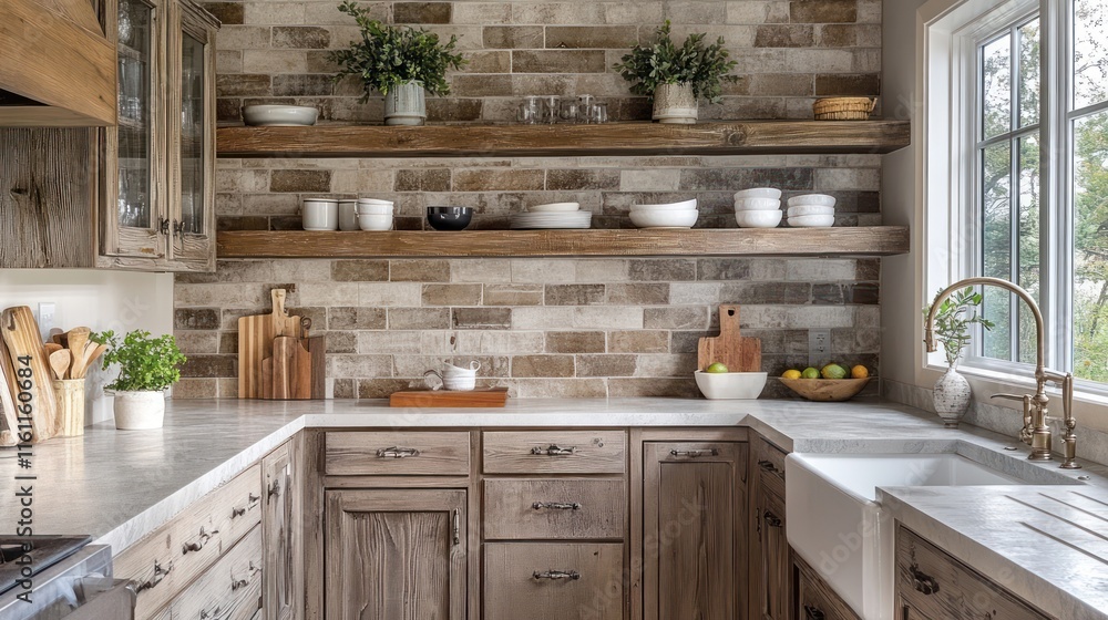 A cozy kitchen with distressed wood cabinets, open shelving, and rustic stone backsplash tiles A cozy kitchen with distressed wood cabinets, open shelving, and rustic stone backsplash tiles