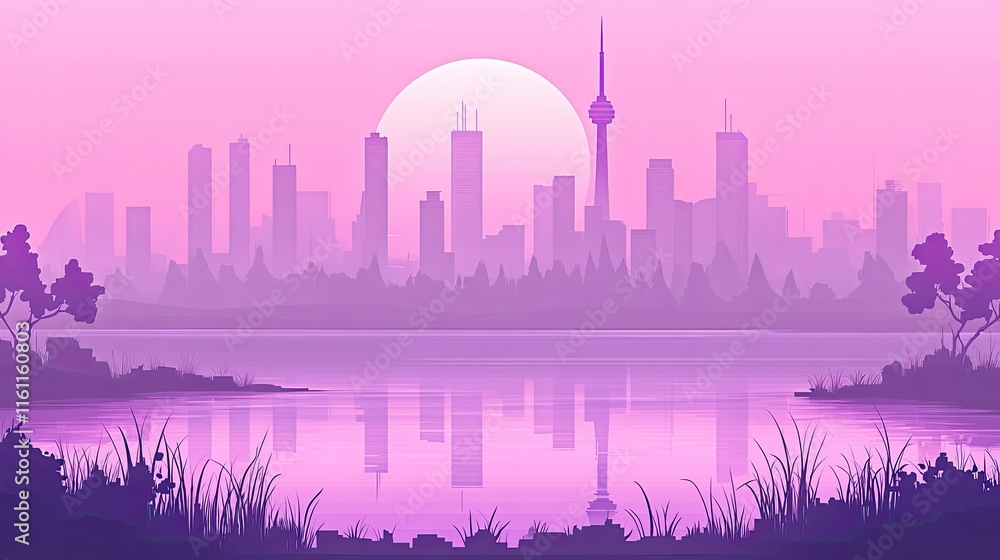 Fototapeta premium Serene city skyline reflected in calm lake at sunset.