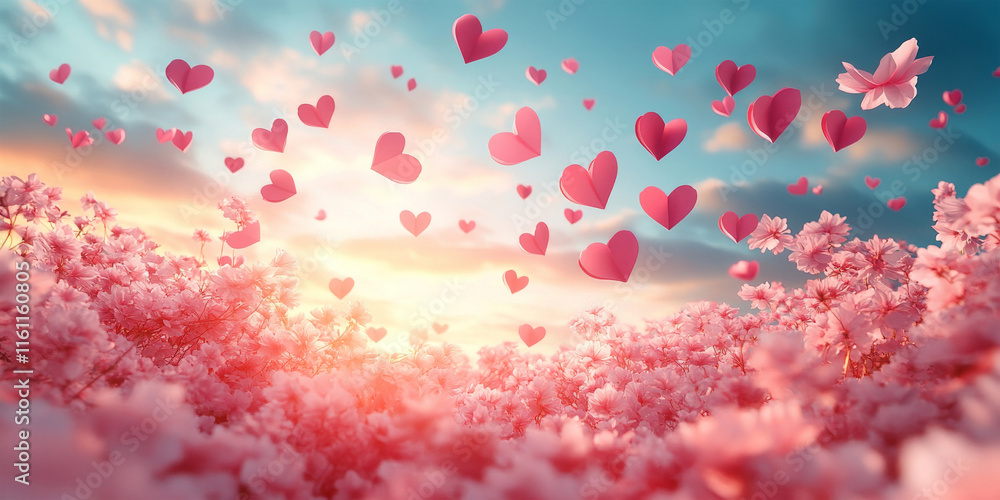 Valentines day background. Pink paper hearts on blue sky. Abstract Romantic Banner. Love concept Valentines day background. Pink paper hearts on blue sky. Abstract Romantic Banner. Love concept