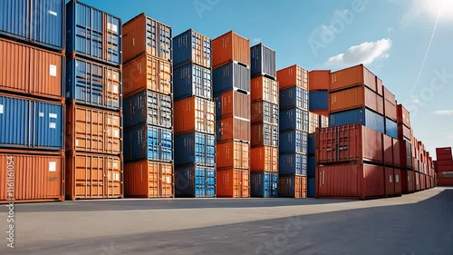 Stacked Cargo Shipping Containers in a Large Industrial Port Under Clear Blue Sky on a Sunny Day

 photo