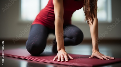 A girl in red fitness activewear stretches on a yoga mat in white background