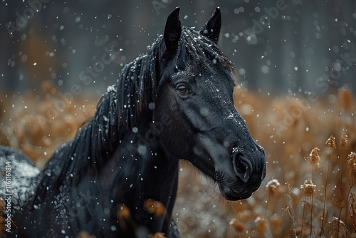 black horse winter portrait in action,.  photo