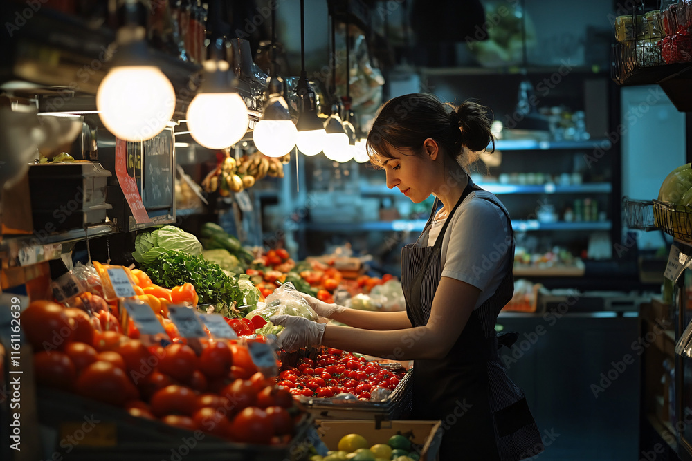 Obraz premium Customer Browsing Supermarket Aisle with Fresh Produce and Groceries Under Warm Ambient Lighting