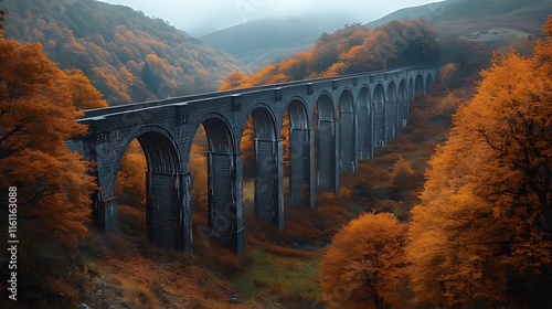 Stone viaduct in autumnal forest valley. photo