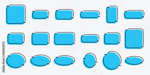 Text box frame set with quotation mark. Blue text speech message frame background. Quotation mark dialog speech, square, chat banner design template isolated on white background.