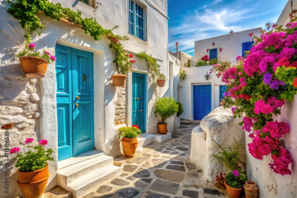 Naklejka premium Explore Tinos' Pyrgos: Close-up photos showcase the stunning textures and colors of its Cycladic architecture and blooming flowers.