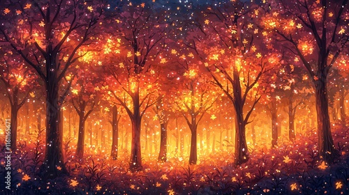 A magical forest with trees whose leaves glow in shades of bright orange and magenta. photo