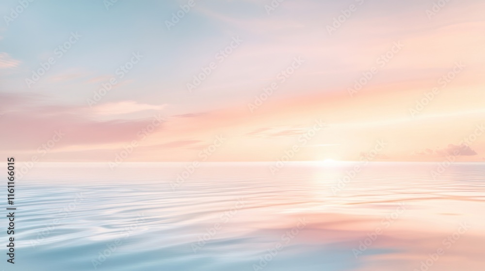 Naklejka premium Tranquil early morning view of the ocean, where soft pink and blue skies mingle as the sun rises, casting a serene glow over the calm waters
