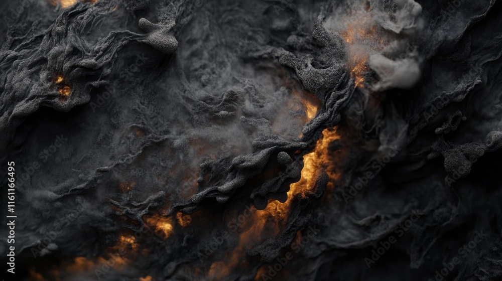 Swirling clouds of smoke and ash combine with bright orange glowing lava, creating a dramatic landscape of a volcanic eruption captured in stark detail Swirling clouds of smoke and ash combine with bright orange glowing lava, creating a dramatic landscape of a volcanic eruption captured in stark detail