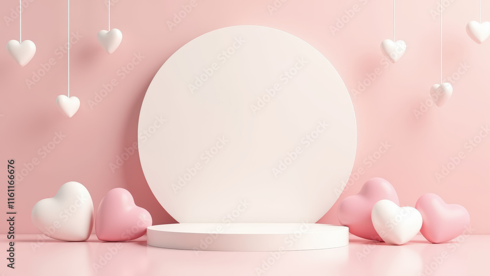 Fototapeta premium Pink and White Heart Shaped Balloons and Display Podium for a Romantic and Minimalist Valentine's Day Scene