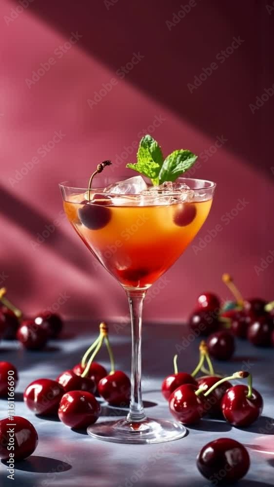 Gourmet fruit cocktail on red background with lights and shadows.Party cocktail drink, martini, happy hour of pub.Cosmopolitan drink for social event.4k Vertical format for social media postings Gourmet fruit cocktail on red background with lights and shadows.Party cocktail drink, martini, happy hour of pub.Cosmopolitan drink for social event.4k Vertical format for social media postings