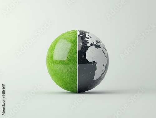 A mirrored globe with two sides one green, one grey, carbon footprint, climatic divides photo