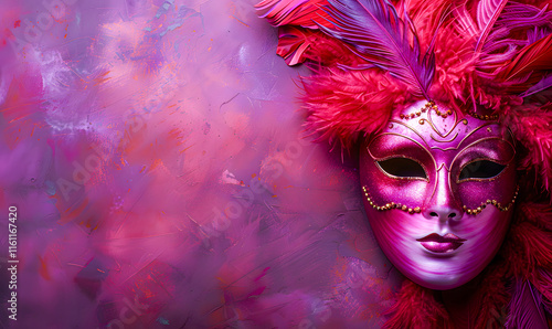 Wallpaper Mural A glamorous Venetian style mask in shades of pink and purple, adorned with intricate glitter details, gold trim and feathers on a textured background in shades of pink and purple.  Torontodigital.ca