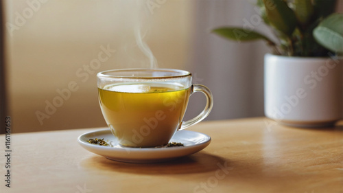 A cozy tea setup with a cup of tea, lemon slice, and a teapot on a breakfast table photo