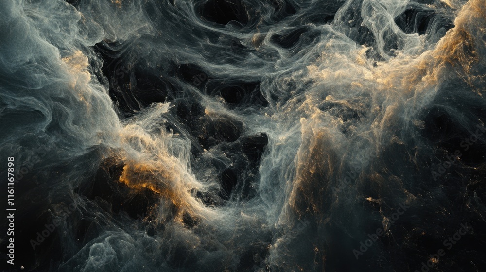 Obraz premium Vibrant swirling patterns blend shades of blue, gold, and white, resembling cosmic formations in deep space, evoking feelings of mystery and wonder