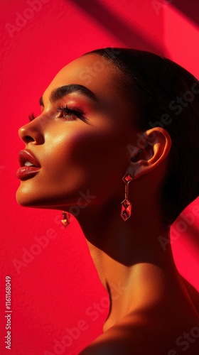 A striking profile shot of a woman with bold makeup and elegant earrings set against a deep red background, showcasing modern fashion and impeccable style.