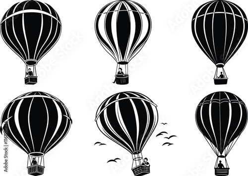 Unique Hot Air Balloon set vector, Hot Air Balloon silhouette, Hot Air Balloon line art vector illustration