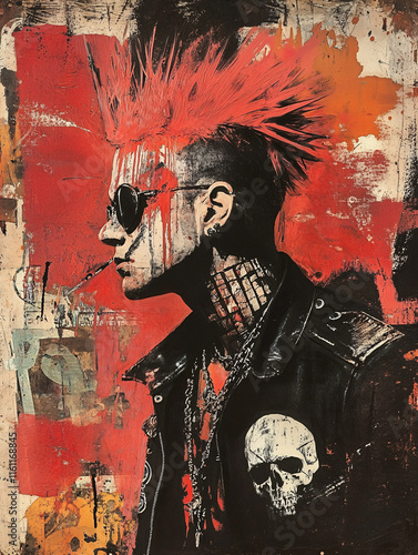 Abstract Punk Skeleton and Anthropomorphic Characters with Spiked Hairstyles on Vibrant Red Backgrounds photo