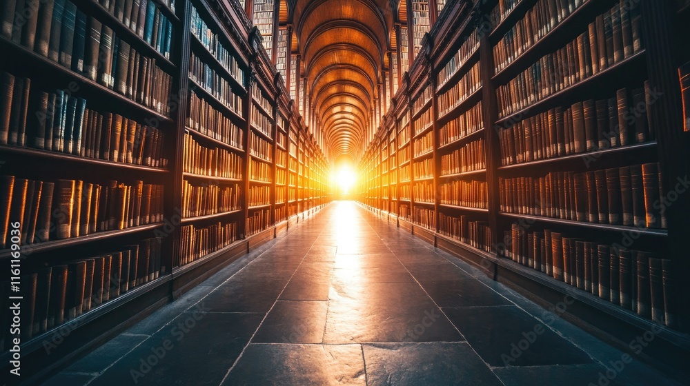 Fototapeta premium Sunlit library aisle with bookshelves.
