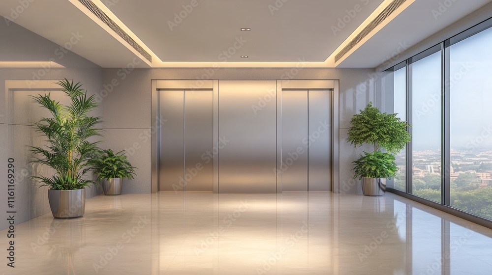 Modern Lobby with Elevator and City View. Modern Lobby with Elevator and City View.