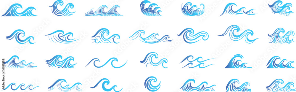 Fototapeta premium Set of blue ocean waves, vector artwork, isolated on a white background.