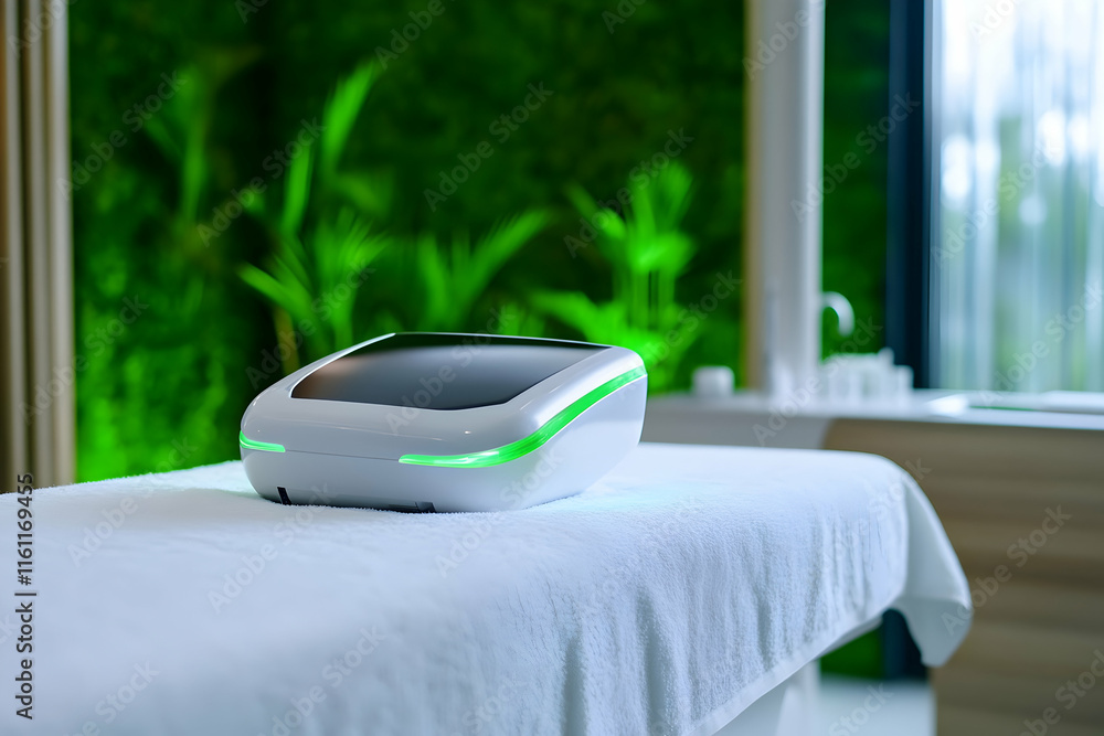 Fototapeta premium A sleek device rests on a table, surrounded by calming green plants in a serene space