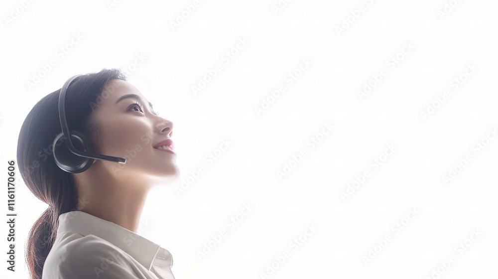 Confident Asian Call Center Worker Wearing Headset with Bright Background Confident Asian Call Center Worker Wearing Headset with Bright Background