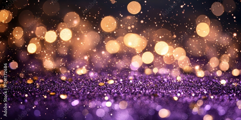 Sparkling bokeh lights illuminate a purple glitter surface, enhancing the festive ambiance at a nighttime event, evoking a sense of wonder and celebration Sparkling bokeh lights illuminate a purple glitter surface, enhancing the festive ambiance at a nighttime event, evoking a sense of wonder and celebration