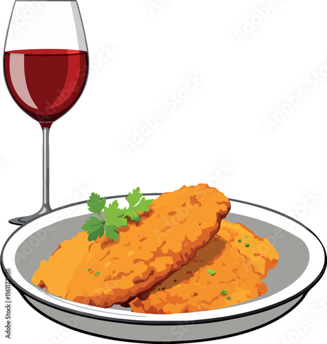 Breaded cutlets served with parsley and glass of red wine