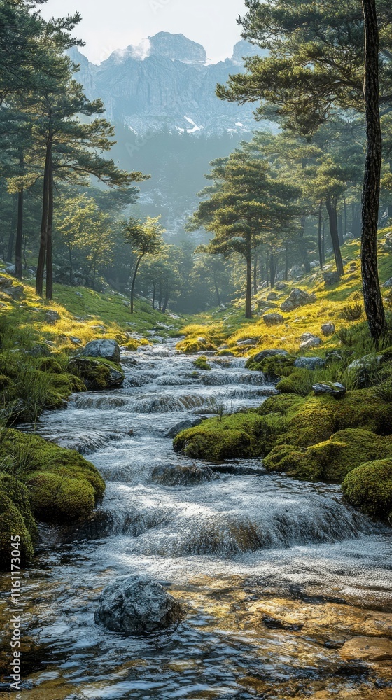 Serene Mountain Stream Flowing Through Lush Green Forest Serene Mountain Stream Flowing Through Lush Green Forest