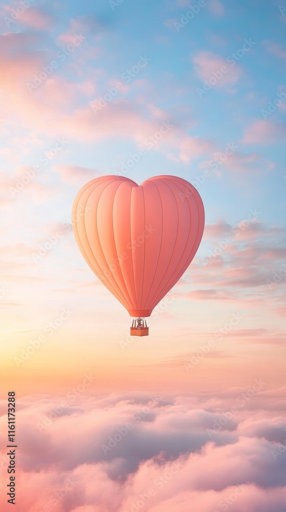 Fototapeta premium Heart-Shaped Hot Air Balloon Soaring Above the Clouds at Sunset