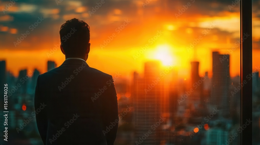 Businessman Near Window Watching Sunset Over Cityscape Skyline Businessman Near Window Watching Sunset Over Cityscape Skyline