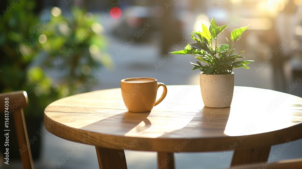 Charming Outdoor Coffee Shop with Wooden Tables and Lush Plants Charming Outdoor Coffee Shop with Wooden Tables and Lush Plants