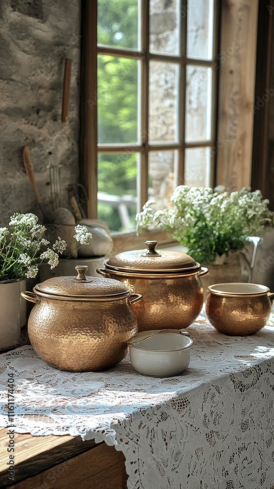 Rustic Copper Pots and Pans on Lace Tablecloth by Window Rustic Copper Pots and Pans on Lace Tablecloth by Window