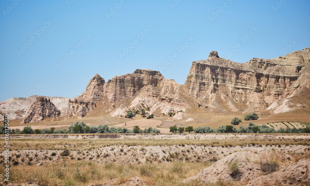 Fototapeta premium Mountain landscape in Cappadocia, Central Anatolia region, Turkey. Tuff mountains.