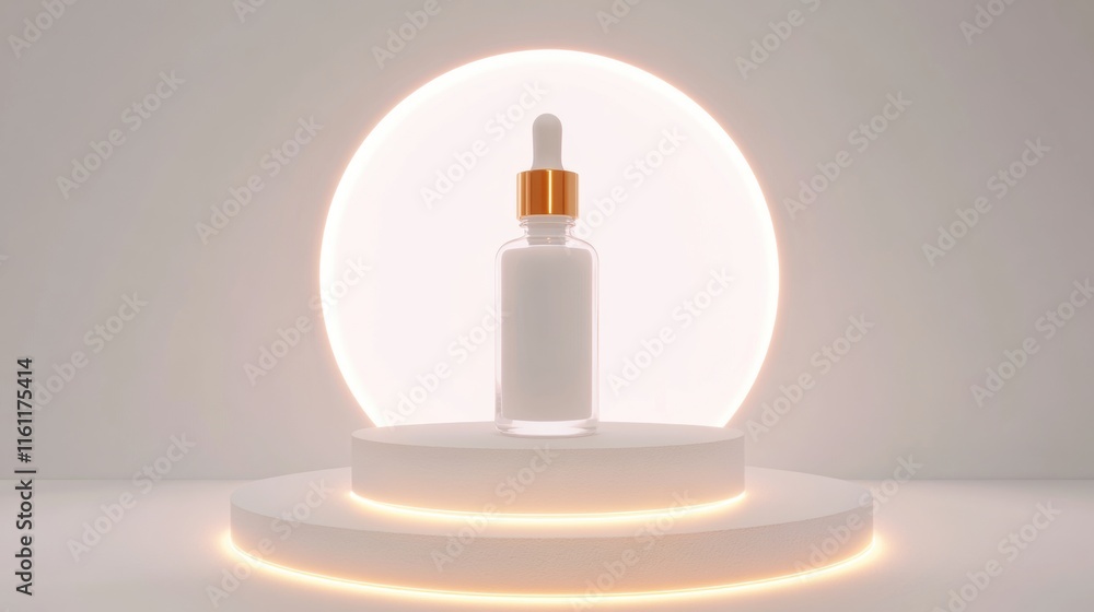 A clear serum bottle featuring a dropper sits on a raised circular pedestal, illuminated by a soft glow against a plain background, emphasizing its sleek design A clear serum bottle featuring a dropper sits on a raised circular pedestal, illuminated by a soft glow against a plain background, emphasizing its sleek design