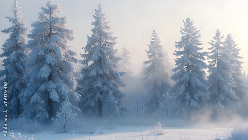 Majestic Snow-Covered Coniferous Forest in Ethereal Winter Glow, Hoarfrost-Etched Branches and Dew-Kissed Pine Needles Majestic Snow-Covered Coniferous Forest in Ethereal Winter Glow, Hoarfrost-Etched Branches and Dew-Kissed Pine Needles