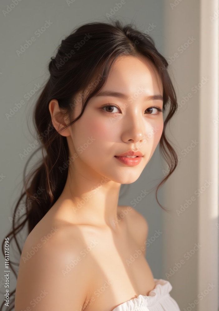 Soft pastel tones accentuating the glowing skin of a young woman, captured in a beauty and skincare setting with light natural makeup Soft pastel tones accentuating the glowing skin of a young woman, captured in a beauty and skincare setting with light natural makeup