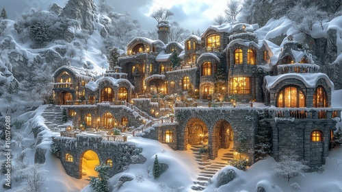 Snowy village with warm lights in winter landscape.