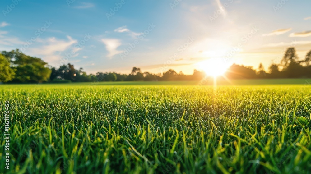 The setting sun casts a warm golden glow across a vast green field, creating long shadows and a peaceful, serene atmosphere. The setting sun casts a warm golden glow across a vast green field, creating long shadows and a peaceful, serene atmosphere.