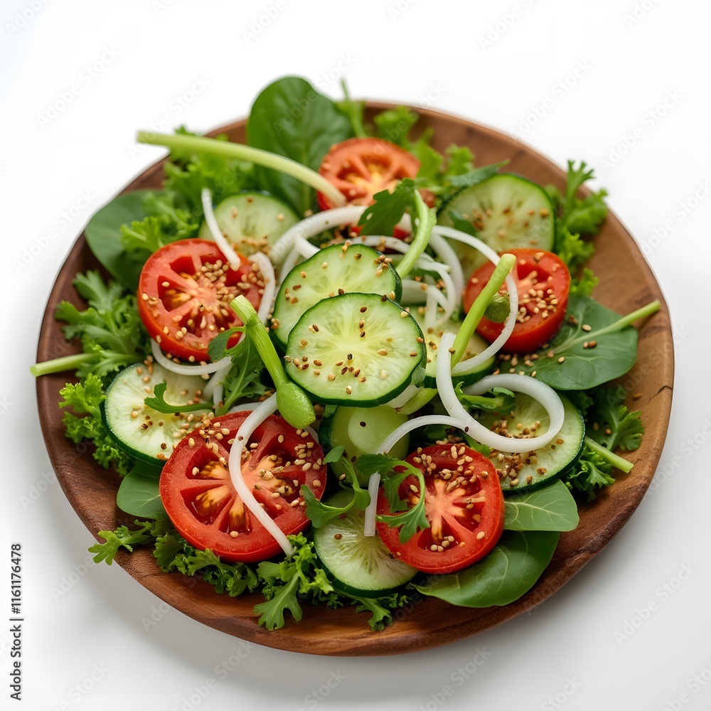 Vibrant Fresh Salad, Sliced Tomatoes, Cucumbers, & Greens on Rustic Wooden Plate Vibrant Fresh Salad, Sliced Tomatoes, Cucumbers, & Greens on Rustic Wooden Plate
