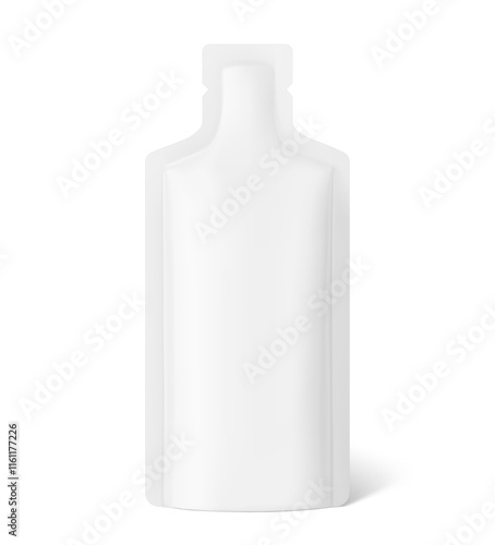 Sachet bag mockup for energy gels, sport nutrition, cosmetics. Vector illustration isolated on white background. Flat lay view. Can be use for template your design, presentation, promo, ad. EPS10.