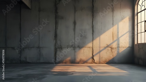 Atmospheric Grey Concrete Wall with Golden Sunlight, Urban Industrial Interior Background photo