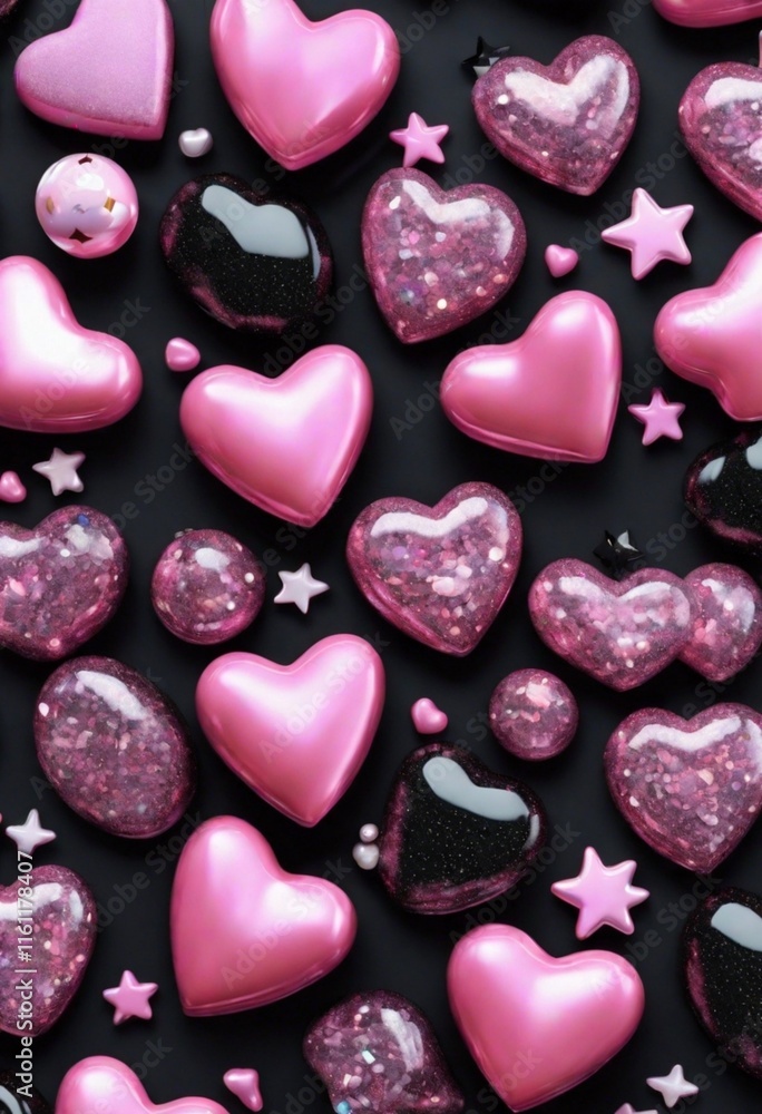 Fototapeta premium Pink And Black Glass Beads and Heart Shaped Gems Background