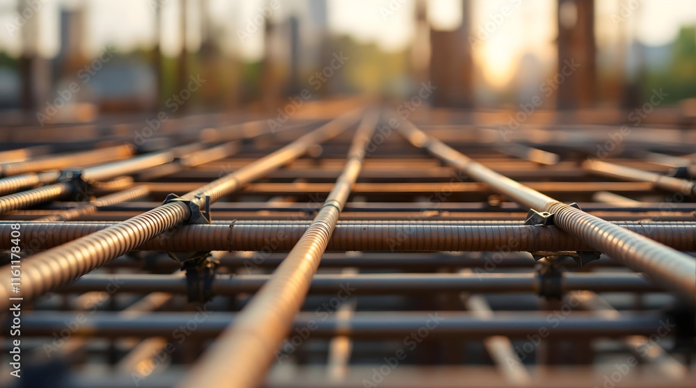 Close-up of Steel Rebar on Construction Site at Golden Hour Close-up of Steel Rebar on Construction Site at Golden Hour