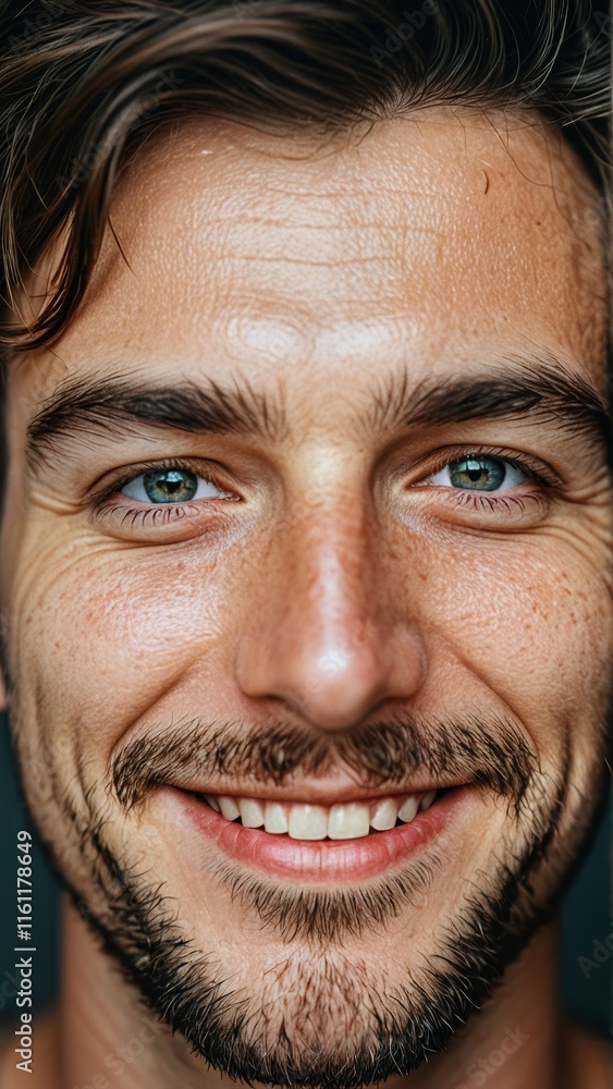 Fototapeta premium Close-up portrait of a smiling man with expressive eyes and a natural beard