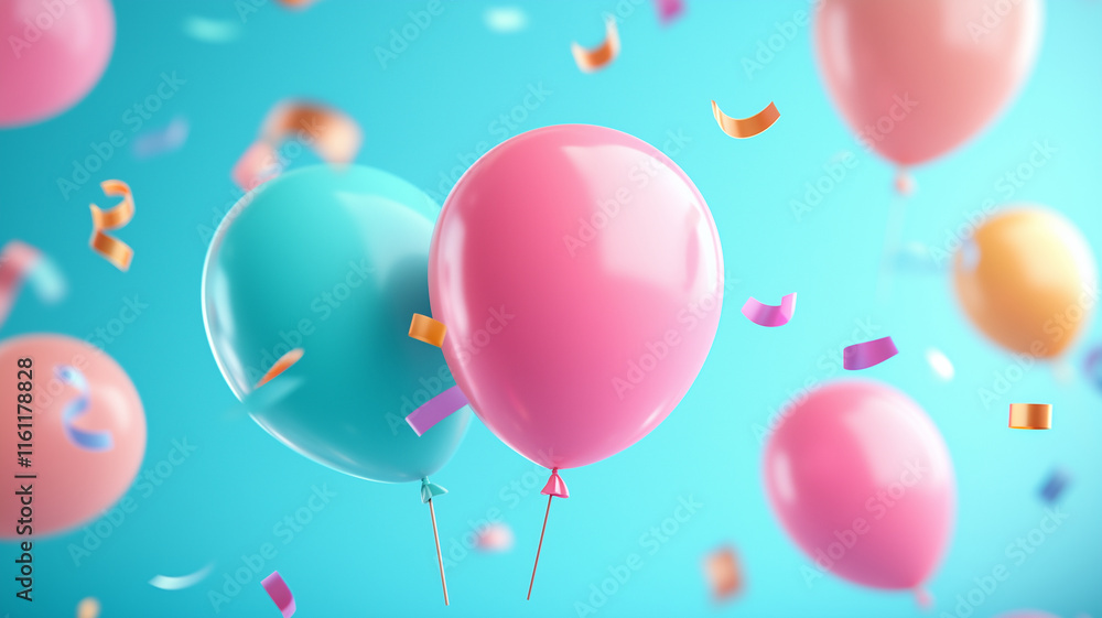 Colorful balloons float against bright blue background, surrounded by festive confetti. This vibrant scene captures joy and excitement of celebrations