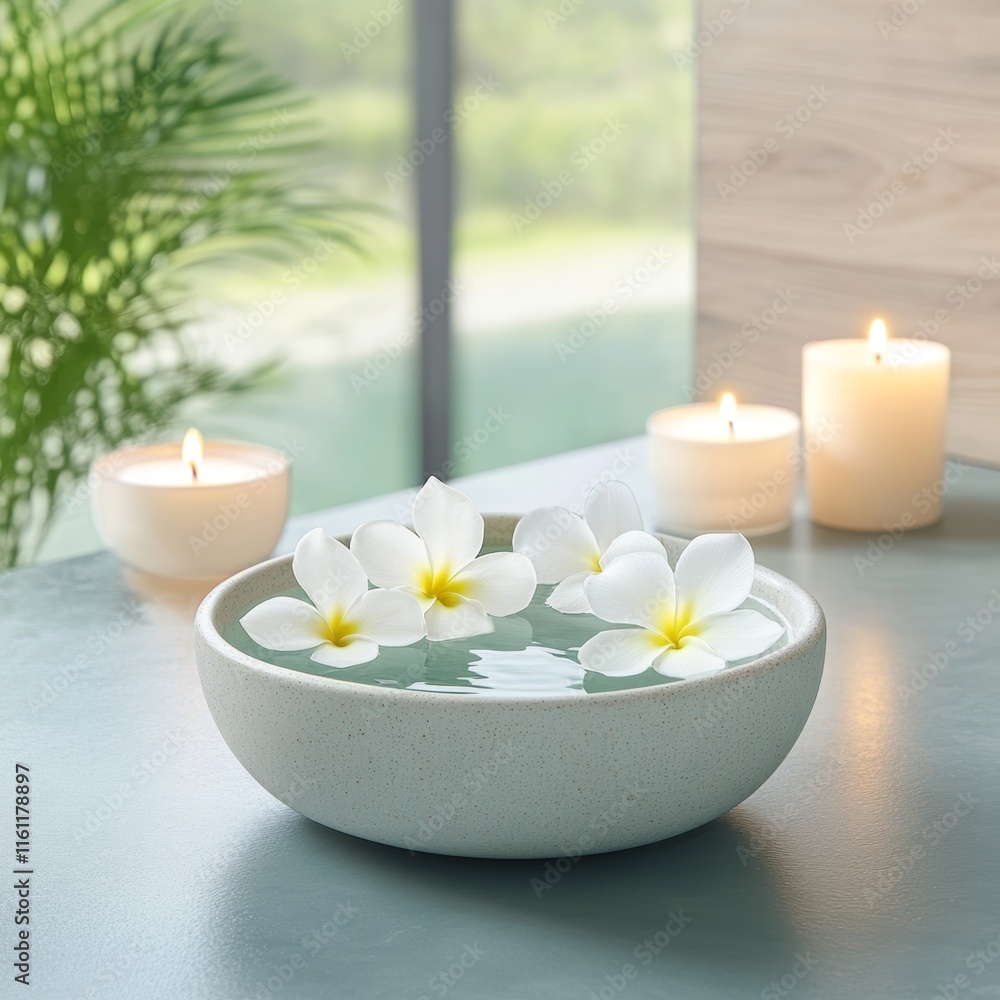 Spa Relaxation Floating Plumeria Flowers in a Bowl with Candles Spa Relaxation Floating Plumeria Flowers in a Bowl with Candles
