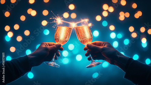 Cheers to celebration with sparkling drinks and festive lights This captures joy of toasting with glasses filled with bubbly, surrounded by vibrant atmosphere of colorful bokeh lights